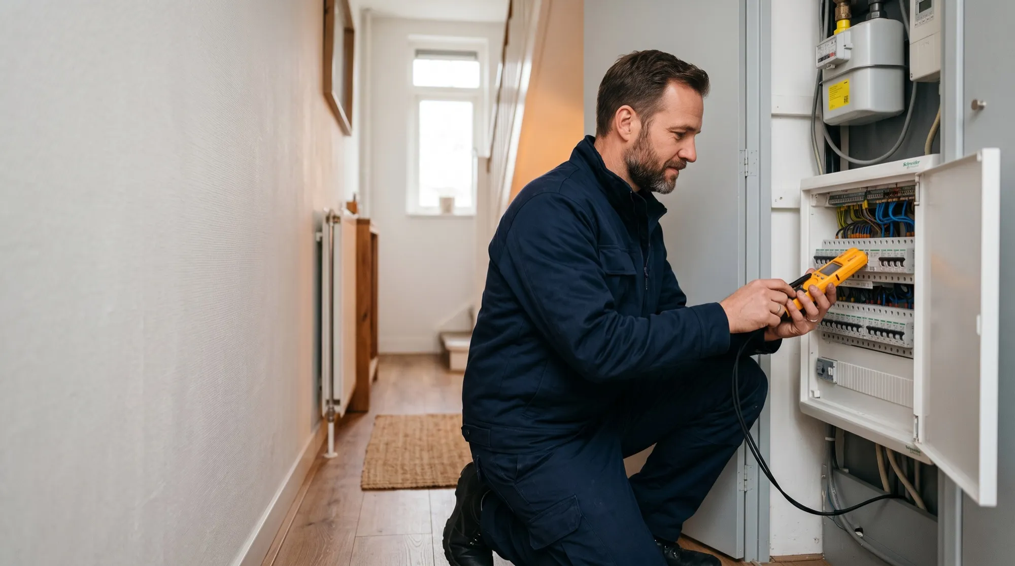 Elektricien werkt aan een open groepenkast in een meterkast
