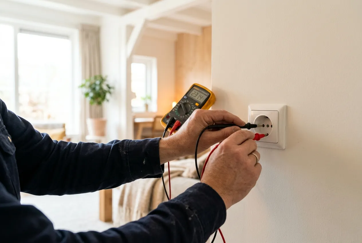 Elektricien controleert een stopcontact met een spanningszoeker