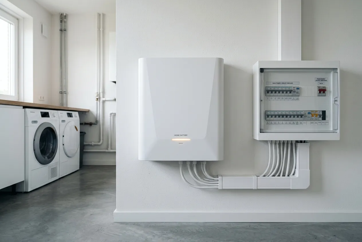 Thuisbatterij aan de muur naast een nette groepenkast